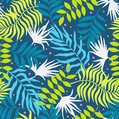 Tropical background with palm leaves. Seamless floral pattern. Summer vector illustration. Flat jungle print