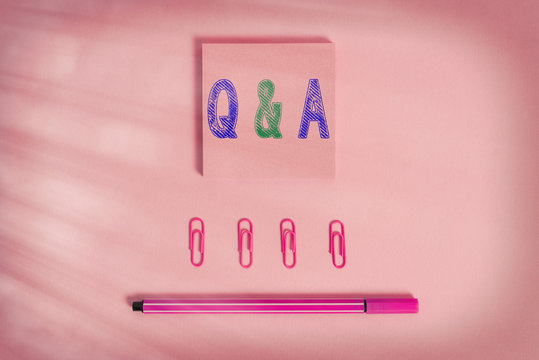 Word writing text Q And A. Business photo showcasing a period of time or an occasion when someone answers questions Colored blank sticky note clips binders gathered pen trendy cool background - Powered by Adobe