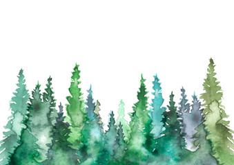 Fototapeta premium Watercolor art illustration. Drawing of the blue forest, pine tree, spruce, cedar. Dark, dense forest, suburban landscape. Postcard, logo, card, banner. Misty forest, haze. Isolated white background