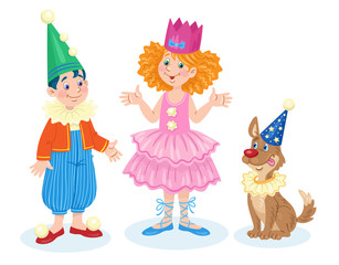 Little boy, cute girl and funny dog in carnival costumes. In cartoon style. Isolated on white background. Vector flat illustration.