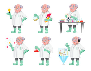 Professor cartoon character, set of six poses