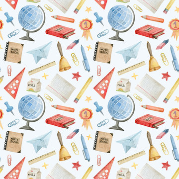 Watercolor seamless pattern with school and office supplies and tools. Items needed for education. Globe, pen, bell, ruler, paper clip. Back to school background for textile, covers, wrapping