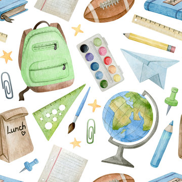 Watercolor seamless pattern with school and office supplies and tools. Items needed for education. Backpack, globe, book, pen, ball. Back to school background for textile, covers, wrapping