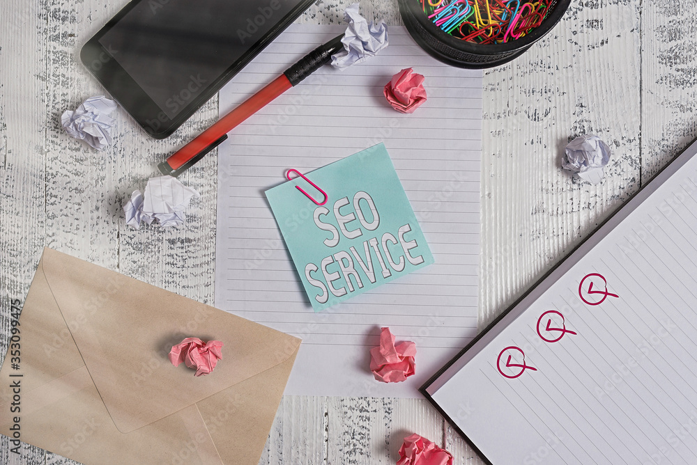 Poster conceptual hand writing showing seo service. concept meaning techniques and procedures to increase t