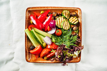 grilled and fresh vegetables, top view