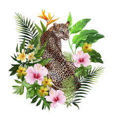 Illustration of leopard and tropical flowers on a whire background. - 353099425