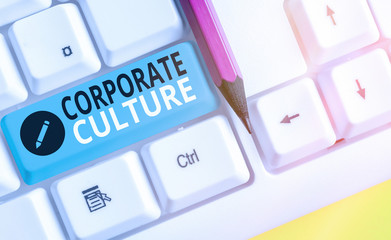 Conceptual hand writing showing Corporate Culture. Concept meaning pervasive values and attitudes...