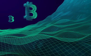 Digital currency symbol Bitcoin on abstract dark background. Drop of the crypto currency market. Business, finance and technology concept. 3D illustration