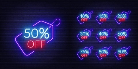 10, 15, 20, 30,40 50, 60, 75 80, 90 percent off. Neon discount light signs on a dark background - obrazy, fototapety, plakaty
