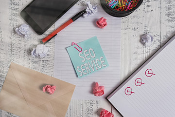 Conceptual hand writing showing Seo Service. Concept meaning techniques and procedures to increase...