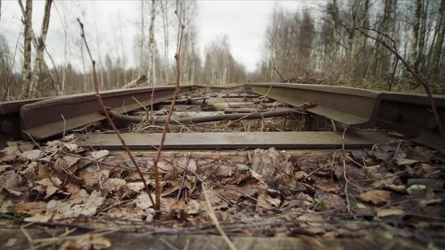 Mechanism of automatic switching arrows of tracks on the railway in autumn forest