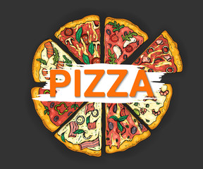 Pizzeria banner. Horizontal background with hand drawn pizza