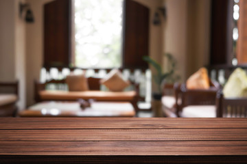 Empty desk platform over reception room background. For product display montage.