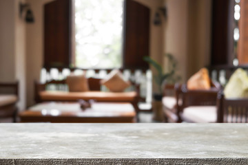 Empty desk platform over reception room background. For product display montage.