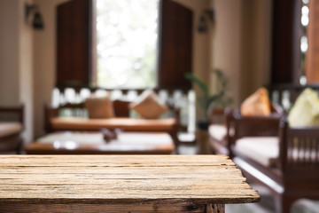 Empty desk platform over reception room background. For product display montage.