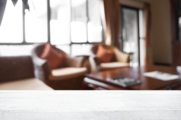 Empty desk platform over reception room background. For product display montage.