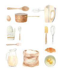 baking equipment illustration - frame, border - wooden spoon, kitchen mixer, milk pot,