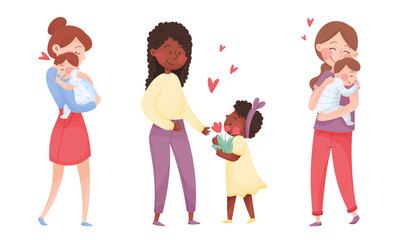 Happy Mothers Cuddling Their Kids Holding with Arms Vector Set