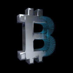 Bitcoin sign, platinum or silver turns into a blue grid on a black background. 3D illustration