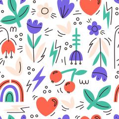Seamless illustration with various elements.Flowers,rainbow,hearts.Cute illustration with Doodle elements. vector seamless illustration on a white background. Children's textiles, printing on clothing