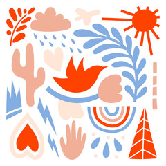 A large set of hand-drawn various shapes, flowers, branches, birds, hearts, clouds, lightning, rainbows. Abstract modern vector illustration. Abstract objects isolated on a white background.