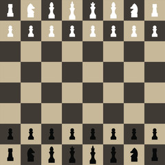 Chess top view. Chessboard with chess pieces in a flat style. Vector stock illustration