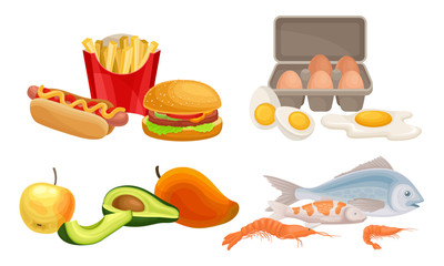 Food Compositions with Fruits and Fast Food Vector Set