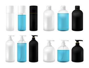 Plastic Cosmetic Bottle big set 3D. Isolated Black, White and transparent Mockup for soup, shampoo, Gel, Spray, Body Lotion, Shampoo. Realistic Container Template. Clear Medical Packaging Mockup Set.