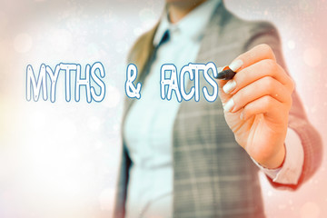 Word writing text Myths And Facts. Business photo showcasing usually traditional story of...