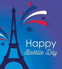 france eiffel tower with fireworks of happy bastille day vector design