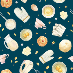 eamless pattern - cooking, baking equipment - milk pot, eggs, tea towel, sieve with flour,
