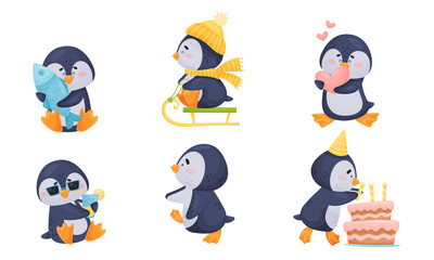 Cute Penguin Sledging and Drinking Cocktail Vector Set