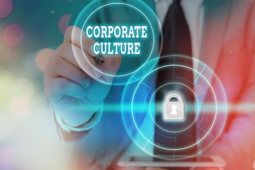 Writing note showing Corporate Culture. Business concept for pervasive values and attitudes that...