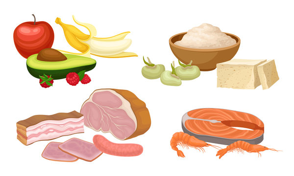 Food Compositions with Fruits, Meat and Seafood Vector Set