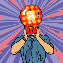 Business man with idea light bulb head concept. A man in a business suit holds his head. Problems, headache, crisis.