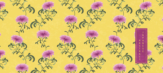 Oriental Japanese style abstract seamless pattern background purple chrysanthemum flower with yellow backdrop