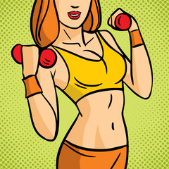 Close-up of the torso of women holding dumbbells.Fitness exercise for a woman. Muscular fitness woman doing exercises. Concept of a healthy lifestyle.