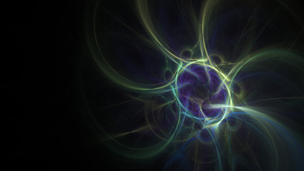 Abstract colorful violet and green glowing shapes. Fantasy light background. Digital fractal art. 3d rendering.