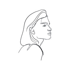 Minimal line vector woman. Linear glamour portrait woman. Portrait of profile of girl. Linear glamour logo in minimal style for beauty salon, beautician, makeup artist, stylist. Hand drawn art.