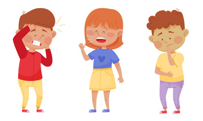 Fototapeta premium Sick Children Standing and Feeling Unwell Vector Illustrations Set