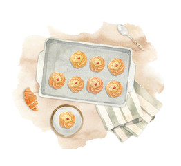 illustration - baking sheet with fresh baked pastry, croissant, plate,