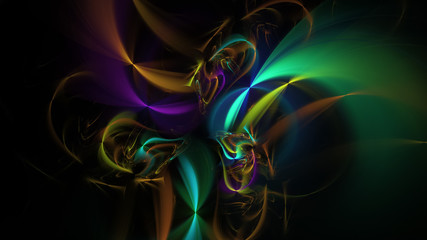 Abstract colorful green and golden glowing shapes. Fantasy light background. Digital fractal art. 3d rendering.