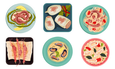 Seafood Dishes with Stuffed Squids and Shrimps Top View Vector Set