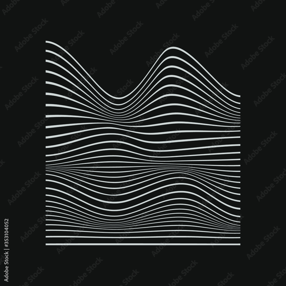 Poster abstract rippled or white lines pattern with wavy vibrant facture on dark background and texture. ve
