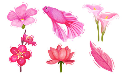 Pink Floral Decorative Collection with Lush Flower Buds and Fish Isolated on White Background Vector Set