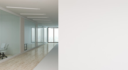 The corridor in modern office with conference rooms and large blank wall against. 3d rendering