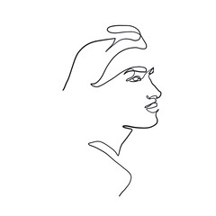 Minimal line vector woman. Linear glamour portrait woman. Portrait of profile of girl. Linear glamour logo in minimal style for beauty salon, beautician, makeup artist, stylist. Hand drawn art.