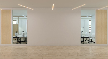 The modern office interior with wooden walls and empty wall with copy space. 3d rendering