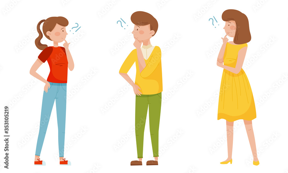 Poster people characters standing with thoughtful expression on their faces and question marks vector illus