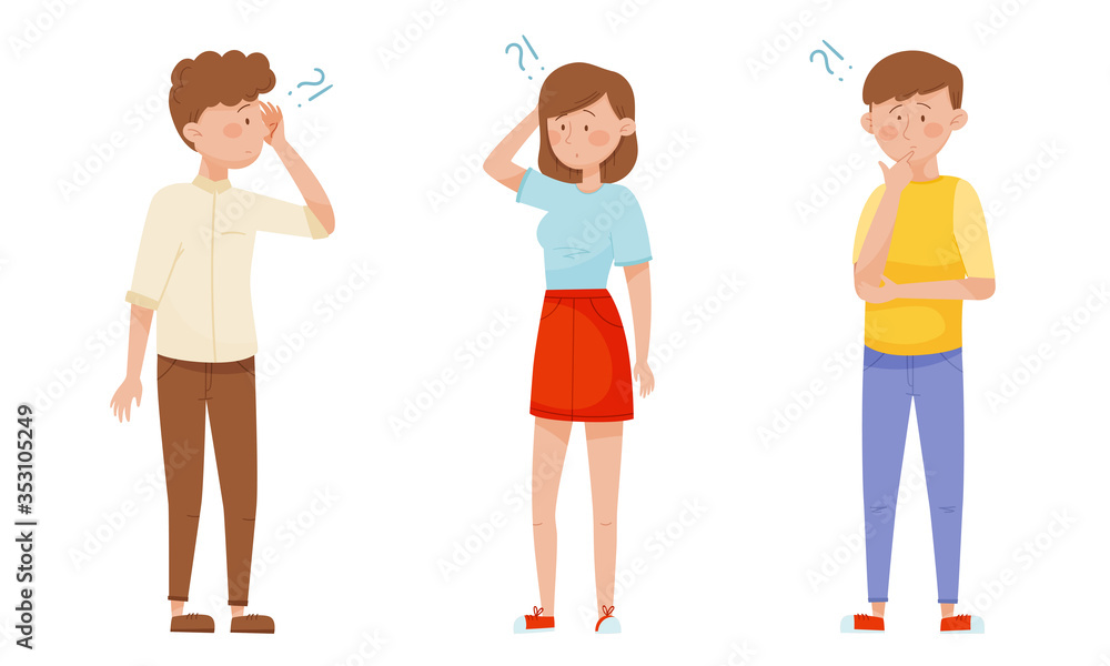 Poster people characters standing with thoughtful expression on their faces and question marks vector illus